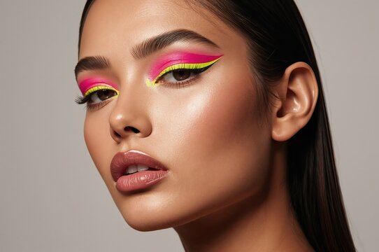 Fashion portrait highlights bold neon eyeliner with flawless skin and studio lighting - Powered by Adobe