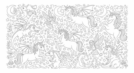 Fototapeta premium A whimsical illustration featuring various mythical creatures, including unicorns, dragons, and fairies, amidst stars and moons.