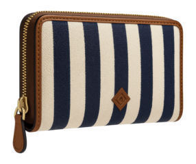 Striped canvas wallet with a leather trim and zip fastening
