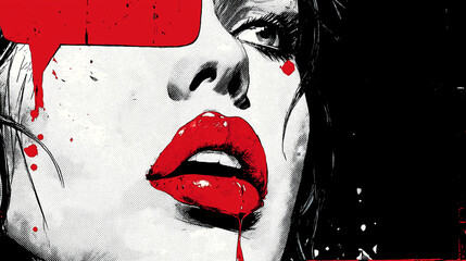 Dramatic Woman&rsquo;s Face with Red Lips and Blood Splatters in Horror Comic Style