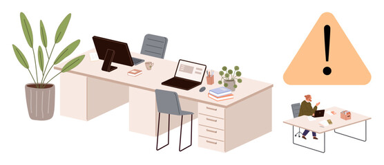 Dual desks with computers, chairs, plants, books, and a triangular caution sign emphasize office efficiency, work-life balance, and awareness. Ideal for organization, safety productivity teamwork