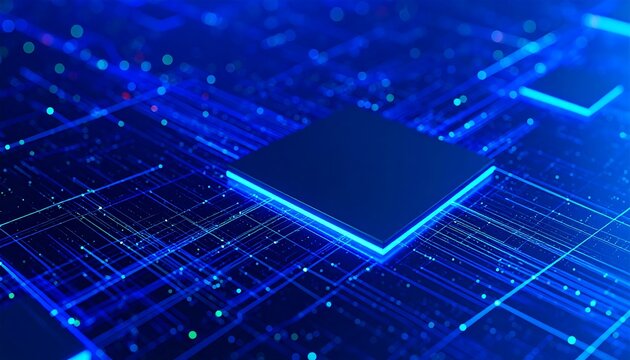 A detailed view of a futuristic circuit board, highlighted by glowing blue lines and points, showcasing intricate connectivity and a sophisticated technological design.