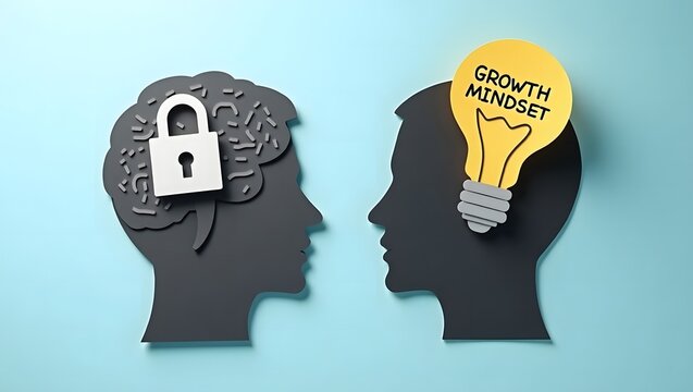 A visual metaphor of two dark profiles, contrasting a locked fixed mindset with an innovative growth mindset lightbulb.