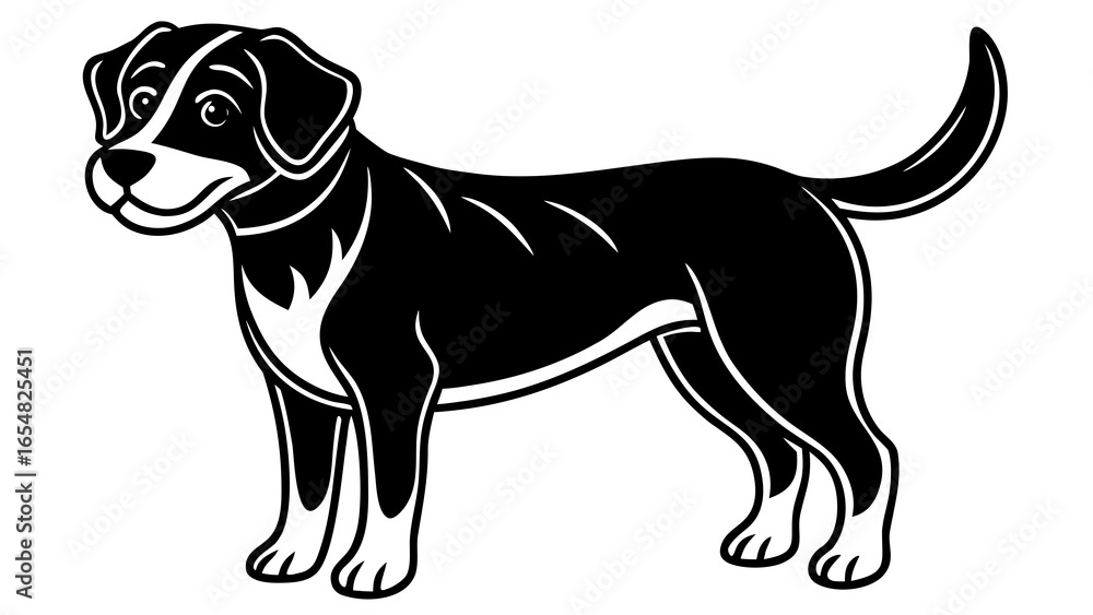 Poster illustration of a black and white dog standing with its tail curled upwards in a simple vector style