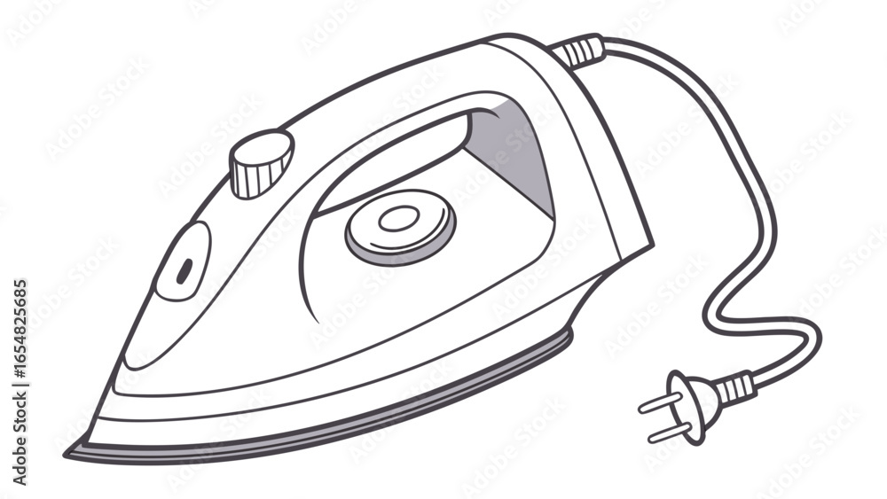 Aufkleber illustration of a clothes iron with a cord and plug on a white background in a simple line drawing c