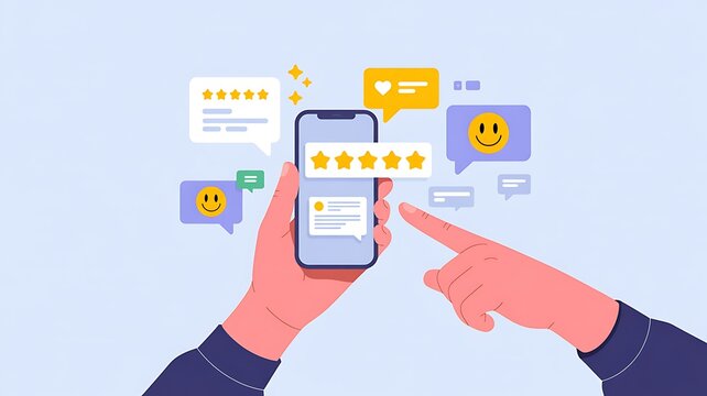 Person using a smartphone to leave a positive review and rating, surrounded by feedback bubbles and social media icons