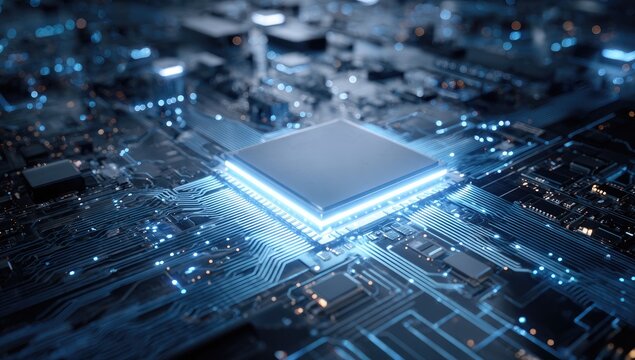 Close-up of a glowing central processing unit (CPU) on a complex circuit board. High-tech, detailed view of intricate circuitry. Bright blue light highlights the CPU and traces of the board.