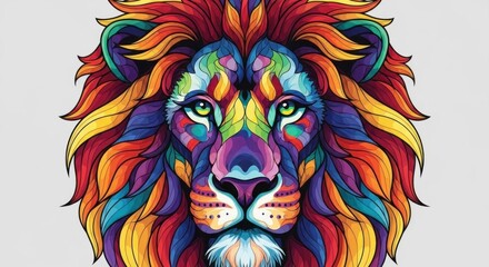 Colorful lion head with a rainbowlike mane symmetrical design