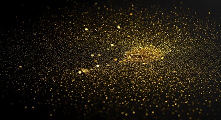 Sparkling gold glitter dust scattered across a dark black background with soft bokeh effects