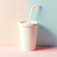 Minimalistic white cup with straw against pastel pink and blue background, evoking calmness