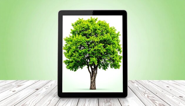 A digital tablet displays a vibrant, lush green tree against a plain white background, highlighting the device's screen.
