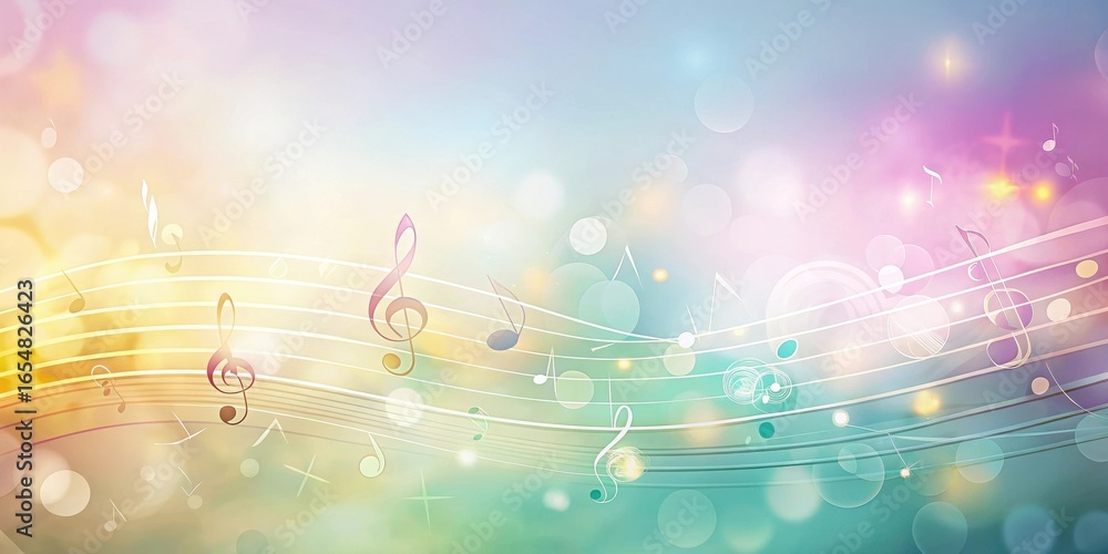 Poster abstract musical notes flowing on a pastel background with sparkling lights and bokeh effects