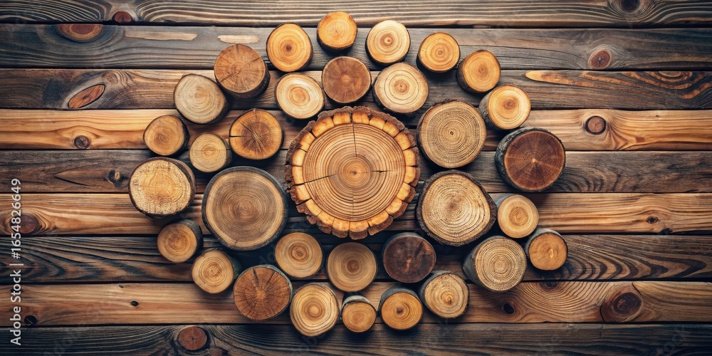 Poster rustic wooden discs arranged in a circular pattern on a weathered plank surface