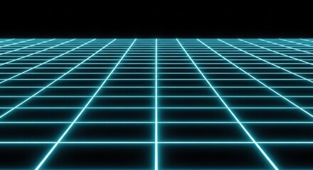 A glowing blue neon grid receding into the distance on a black background.