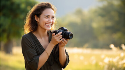 A woman records a cheerful scene with a camera in soft sunlight