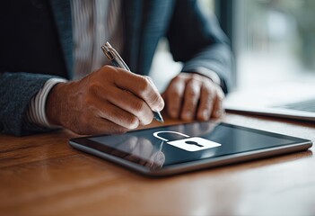 Businessman signing a digital document.  Tablet with lock icon