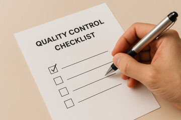 Hand marking completed task on a quality control checklist with pen, emphasizing organization and accountability in workplace