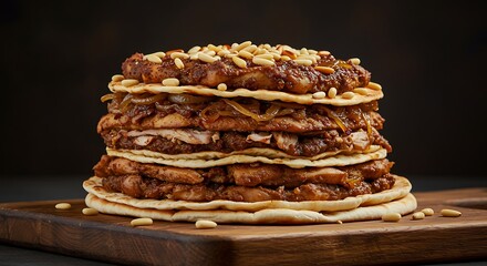 Stack of savory crepes filled with meat and sauce, topped with nuts