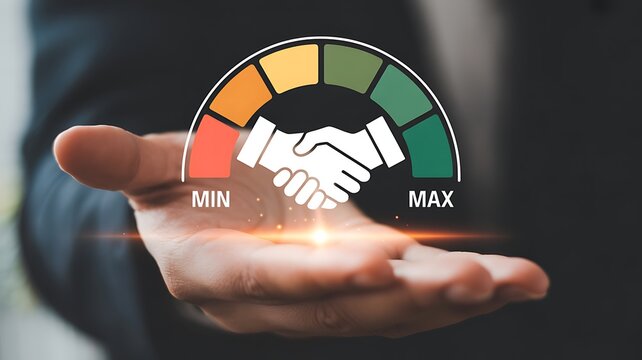 A hand presenting a credit score gauge with a handshake icon, indicating a good business deal and financial reliability