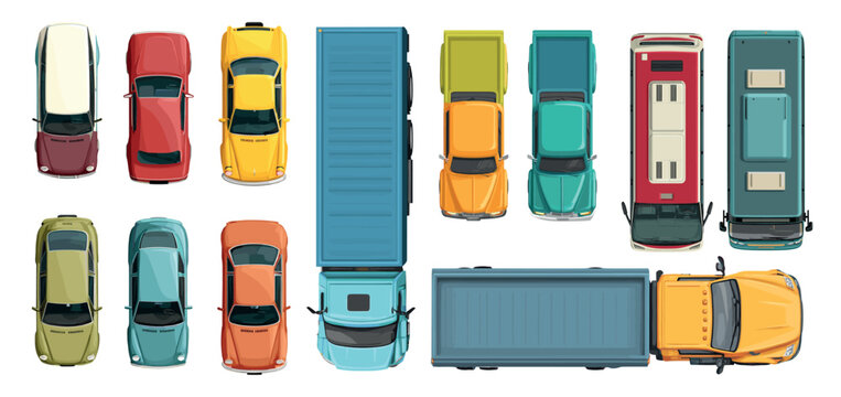 Cartoon cars top view. Different car traffic aerial views, truck pickup bus city transport passenger auto sedan yellow red vehicles vector illustration