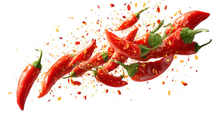 Exploding Red Chili Peppers, isolated on transparent background