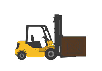 Yellow forklift lifting a brown wooden crate.