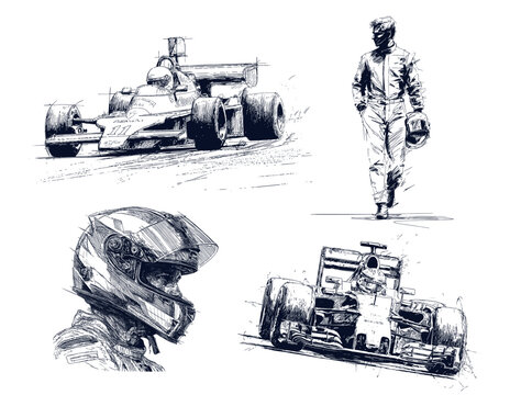 Formula 1 racer. F1 car pilot sketches, racers characters race fast sport championnat extreme competition man driver in helmet portrait tattoo sketch engraved vector illustration