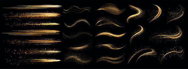 Golden powder fly. Gold flying dust curve lines, star glitter shoot wind effect shine light splash galaxy meteor comet trail abstract wave cosmetic shimmer set vector illustration