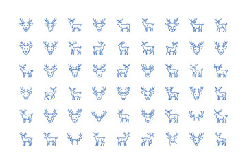 Vector art of a diverse collection of blue line drawings and icons representing deer, stags, and reindeer with antlers, isolated a, symbolizing wildlife, nature, and the winter season