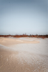 A tranquil winter landscape featuring a vast, snow-covered field and a group of bare trees under a...
