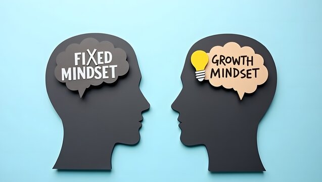 Conceptual illustration of two head silhouettes contrasting the psychological theories of Fixed and Growth Mindsets.