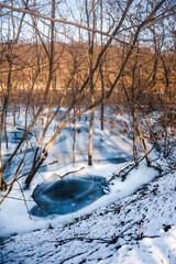 A tranquil winter scene of a frozen river in a sparse forest, where bare trees stand frozen in a...