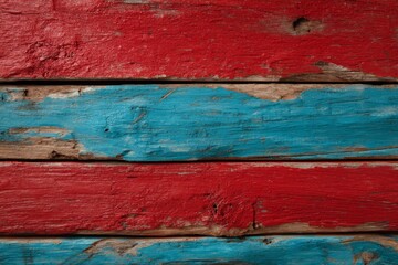 A close-up view of weathered wooden planks, painted in vibrant stripes of red and teal blue, showcasing the natural wood grain and texture beneath the layered paint.