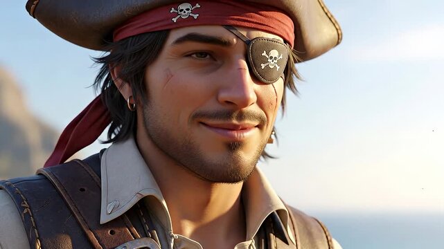 A handsome pirate with an eyepatch and bandana smiles confidently, set against a coastal backdrop with the sea and sky.
