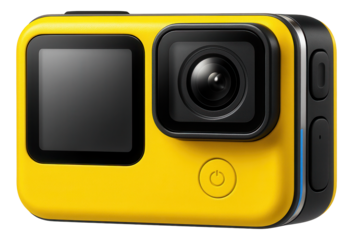 Waterproof digital camera with dual screens and bright yellow casing