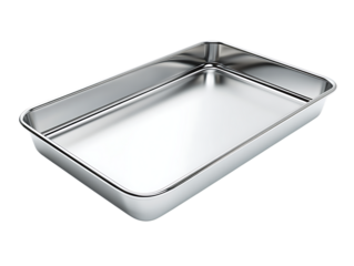 Empty rectangular stainless steel baking pan for cooking and baking isolated on transparent background