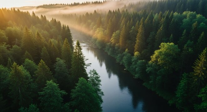 Scenic aerial view of a calm river flowing through a dense forest with early morning sunlight and a touch of mist above the trees.