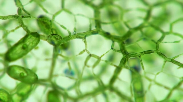 Microscopic view of interconnected green plant cells, showcasing intricate structures and details.