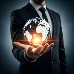 Businessman holding glowing digital globe in his outstretched hand symbolizing global business and technology