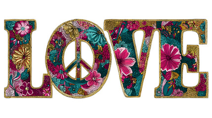 Floral Love Design with Peace Sign, Colorful Retro Art