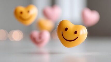A cheerful yellow 3D heart-shaped smiley face emoticon floating in the air with soft-focus pink hearts on a bright background
