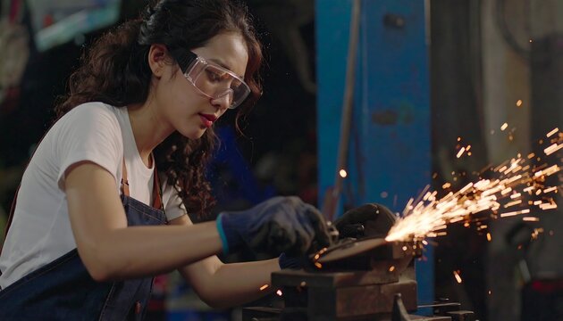 Woman Metalworker Grinding Sparks Fly in Dark Garage Workshop