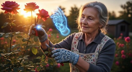 Senior woman gardening roses at sunset, using augmented reality hand for guidance, creating a blend of traditional and futuristic gardening.