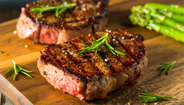 Two grilled steaks, seasoned with rosemary and sea salt, rest on a wooden cutting board, alongside a small bunch of asparagus. - Powered by Adobe