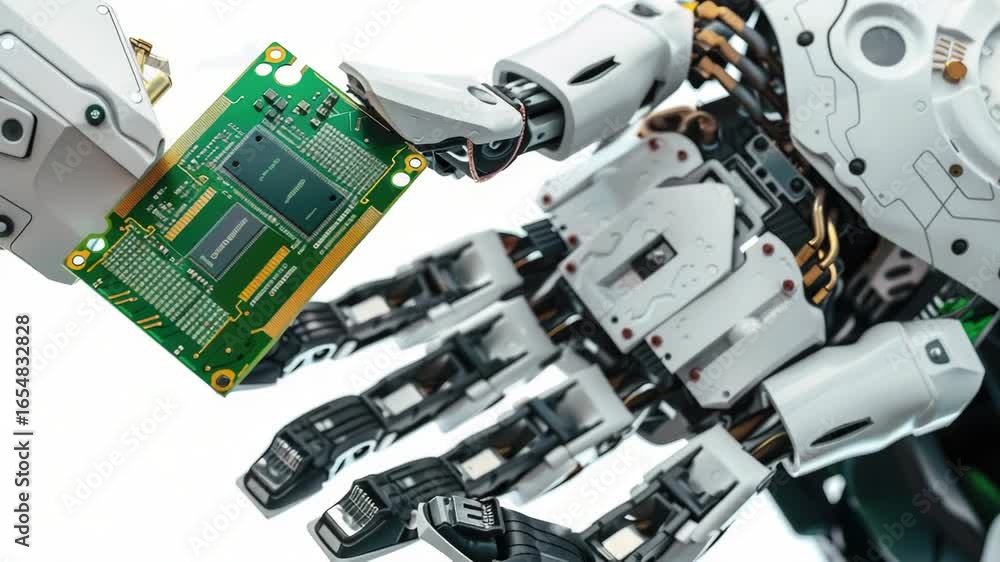 Aufkleber a close-up shot of a robot's hand grasping a circuit board, ideal for use in technology-related cont