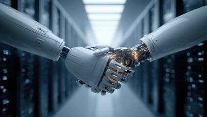 Robotic hands shaking in a server room