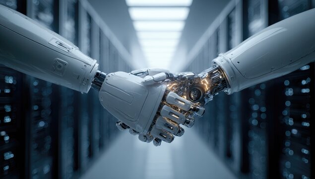 Robotic hands shaking in a server room