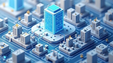 3D isometric illustration of smart city with digital tech elements.