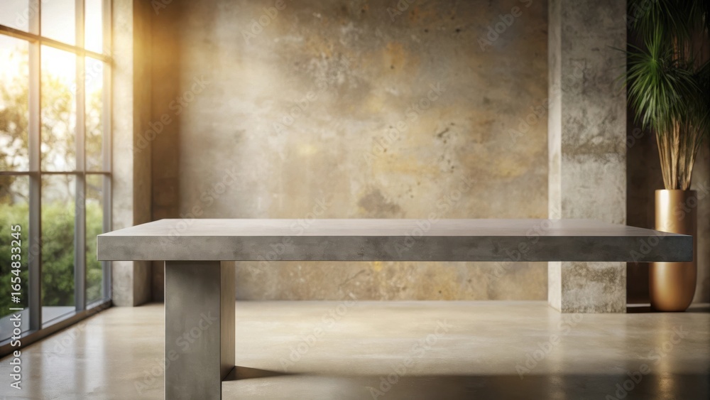 Aufkleber empty concrete table against a textured wall with sunlight streaming through a large window