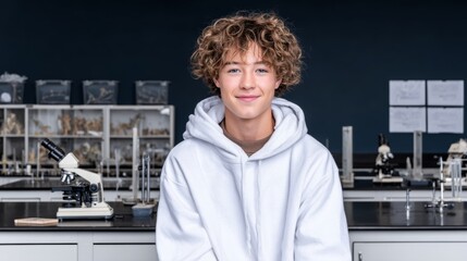 A happy teenage boy with curly hair smiles while standing in a high school science classroom or laboratory. Great for themes of education, school, and science.